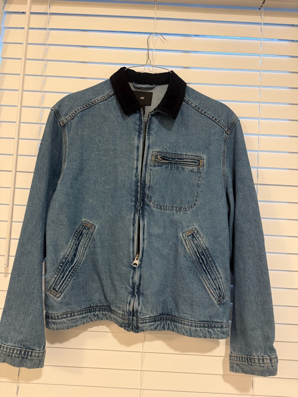 H&M Light Blue Denim Jacket with Black Collar